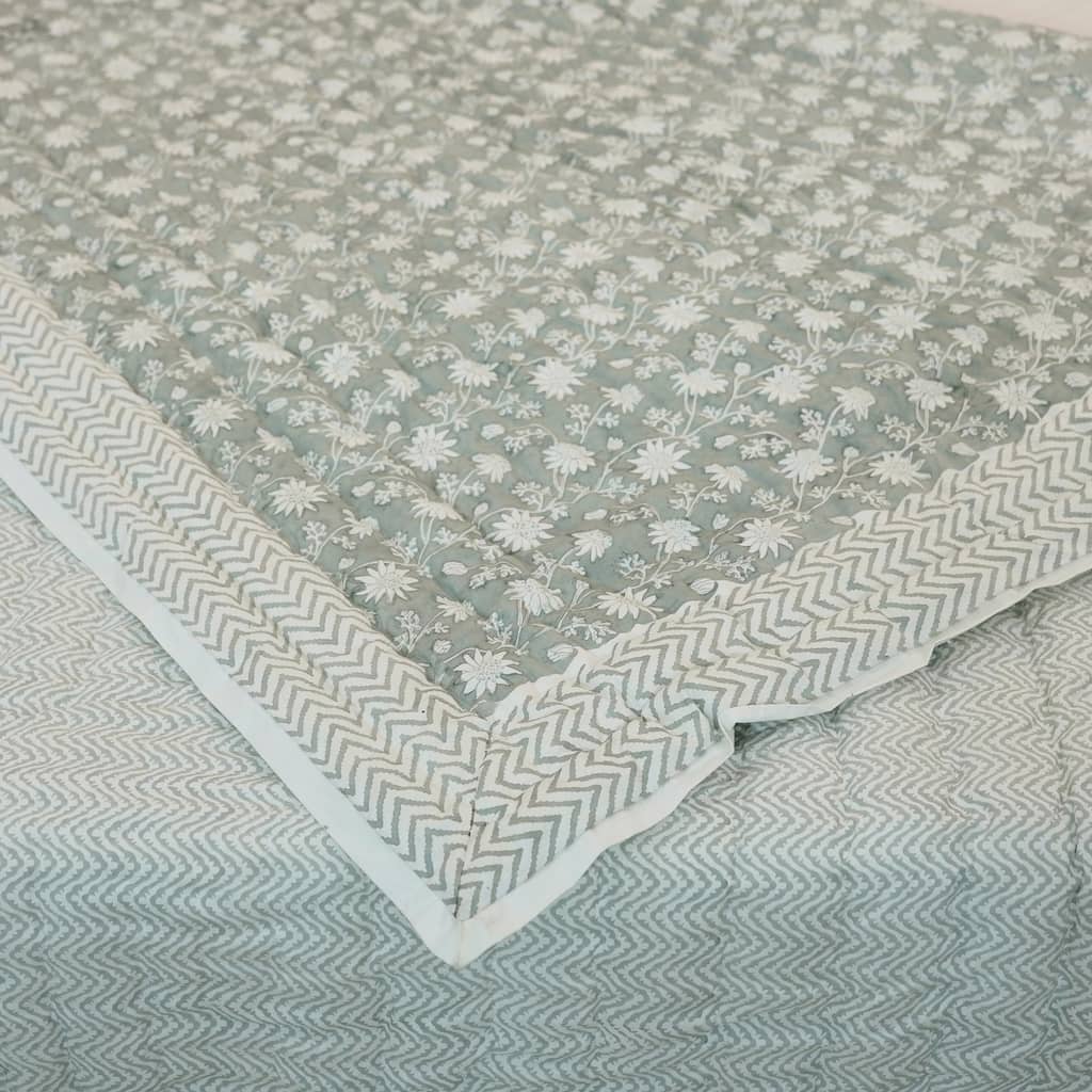 Fabdivine Handmade Luxury Hand Block Print Cotton Quilt - Both Side Printed Blue White Floral, Double-Sided Reversible Bedspread