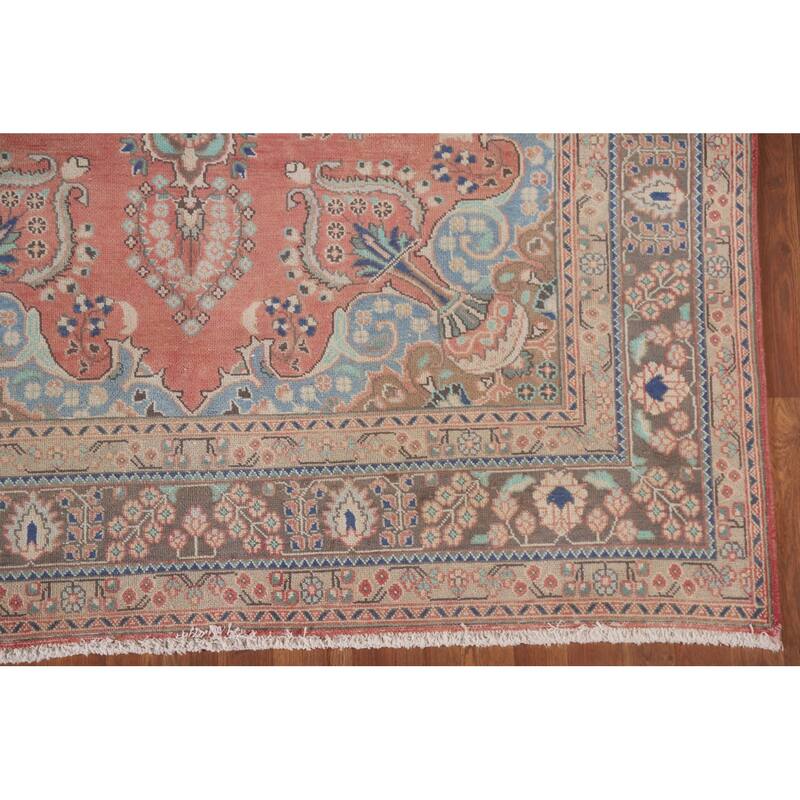 Hand Knotted Oriental 100% Wool Carpet Traditional Floral Pink Mashad Area Rug - 9' 5'' X 6' 2''
