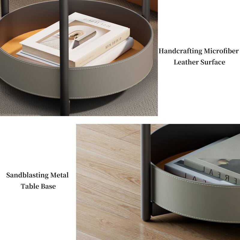 Round End Table White Slate Top, Storage Basket