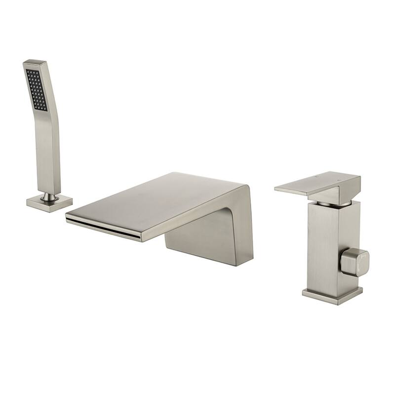 Waterfall Deck Mount Tub Faucet with Hand Shower Brass 3 Holes Modern Bathtub Filler with Valve - Brushed Nickel
