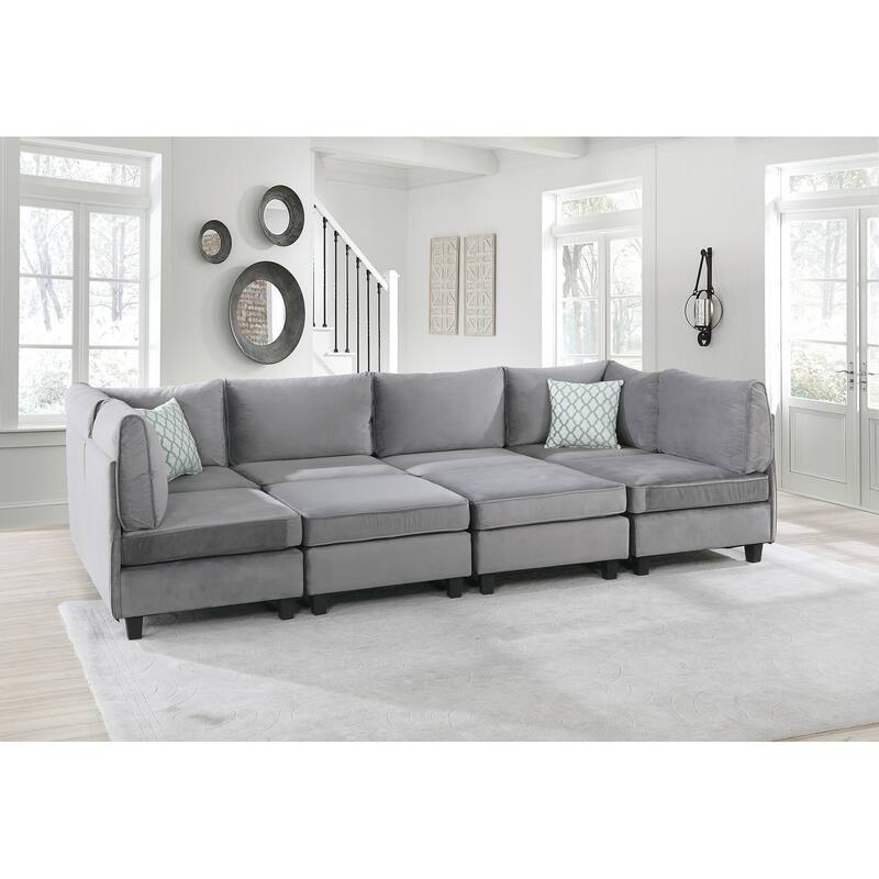 8 Piece L Shape Velvet Modular Sectional Sofa with 2 Ottomans, Gray