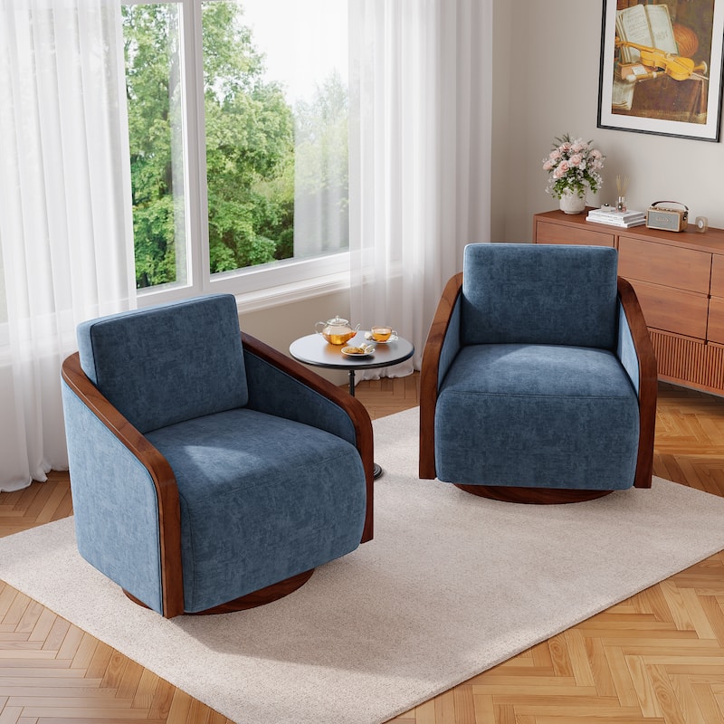 Set of 2 Modern 360° Swivel Accent Barrel Chairs with Wood Arms