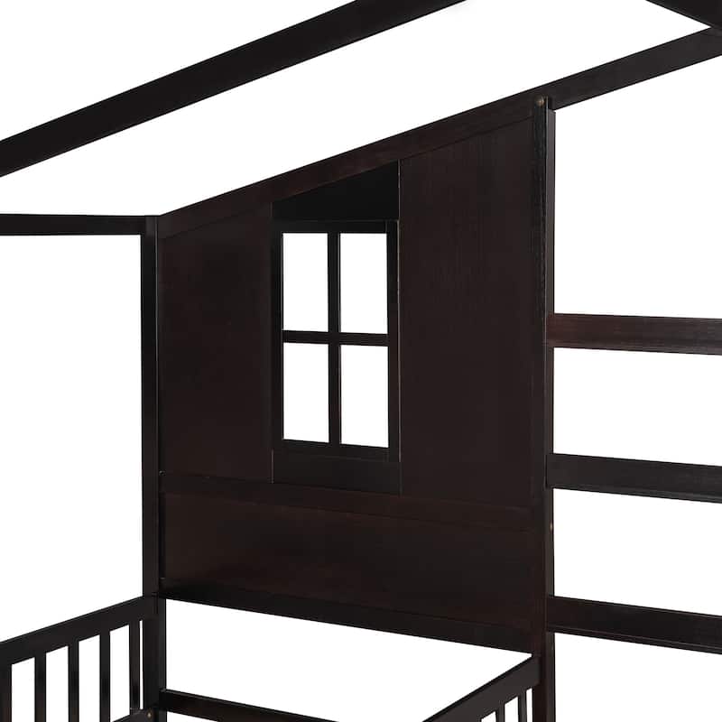 Modern Wood House 2 Twin Size Bed With Fence And Slatted Frame