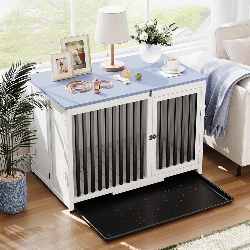 Indoor Cage Portable Foldable Dog Kennel Crate Furniture End Table with Tray