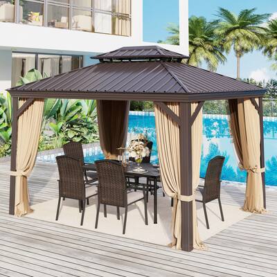 10' x 12' Hardtop Aluminum Permanent Gazebo Double Roof Canopywith Netting & Curtains - 12X10ft