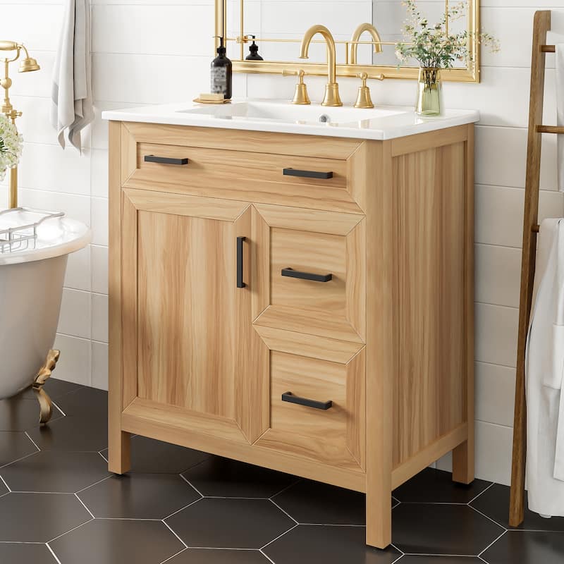 30" Wood Bathroom Vanity with Solid Wood Frame - 1 Soft-Close Door, 2 Soft-Close Drawers, Adjustable Shelf(Sink Not Included)