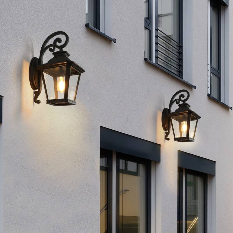 14" Outdoor Wall Lantern Set (2-Pack) – Black Waterproof Sconce with Clear Glass Panels,Exterior Lighting(Bulb Not Included)
