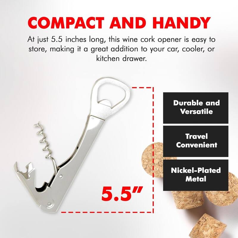 Chef Craft Combination Compact Corkscrew and Bottle Opener - Great for Travel and Camping