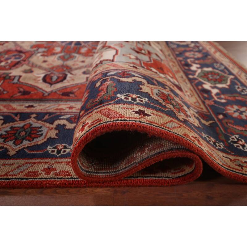 Orange Geometric Heriz Serapi Indian Area Rug Hand-Knotted Wool Carpet - 9'0"x 11'9"