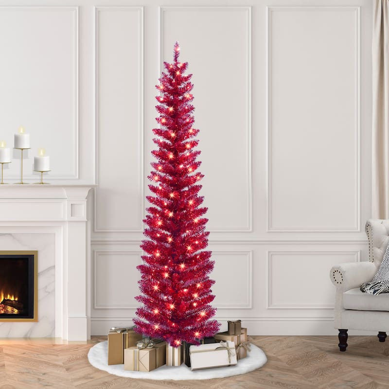 Puleo International 6 ft. Pre-Lit Red Tinsel Artificial Tree