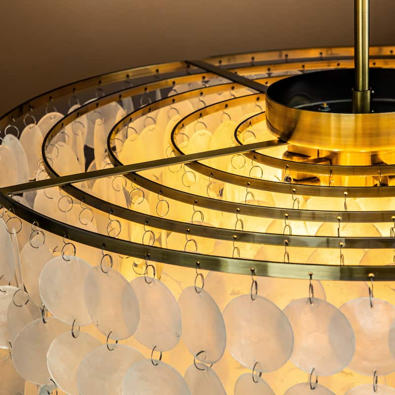 6-Light Coastal Natural Capiz Shell Tiered Chandelier With Antique Gold Metal