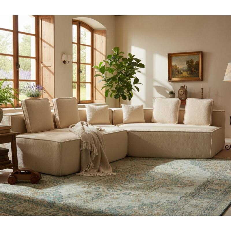 132"Oversized Teddy Fabric Modular Sectional Sofa,Full-Foam Cushion Design with Ultra Soft Feel with Six Cushions
