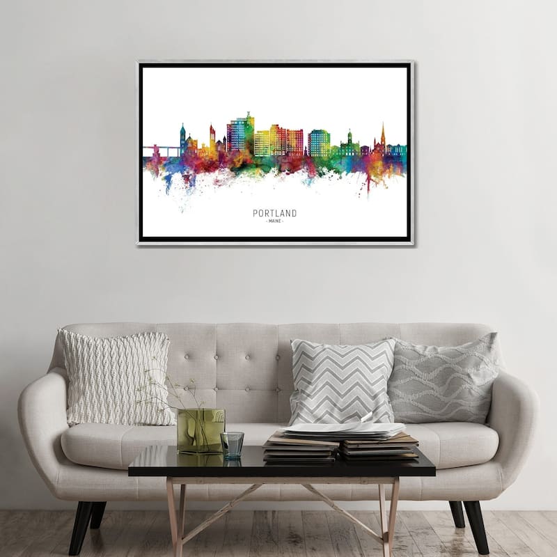 iCanvas "Portland Maine Skyline City Name" by Michael Tompsett Framed