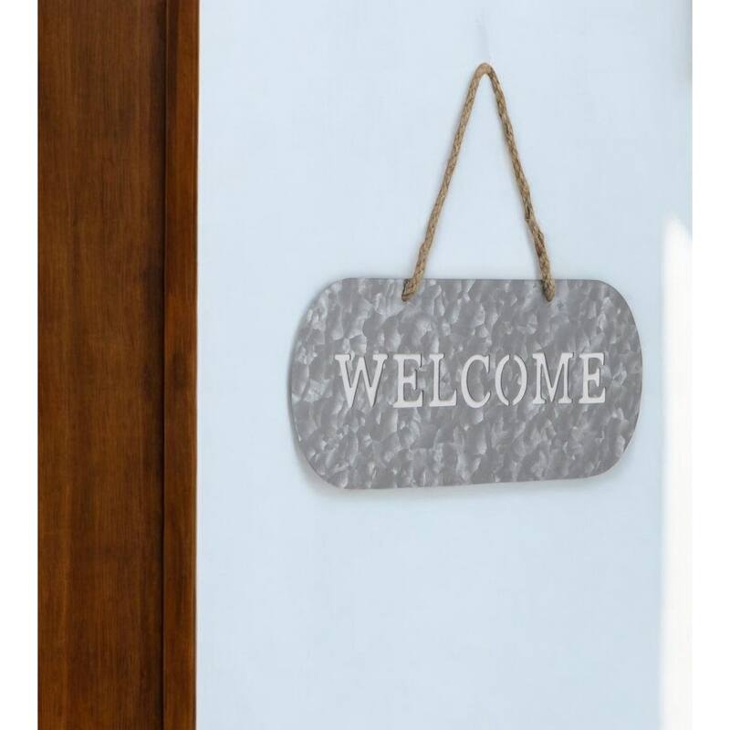 HomeRoots 5" X 11" Gray Handcrafted Welcome Galvanized Metal Wall Decor - Gray - 11 in. x 4.5 in.  x 0.5 in.