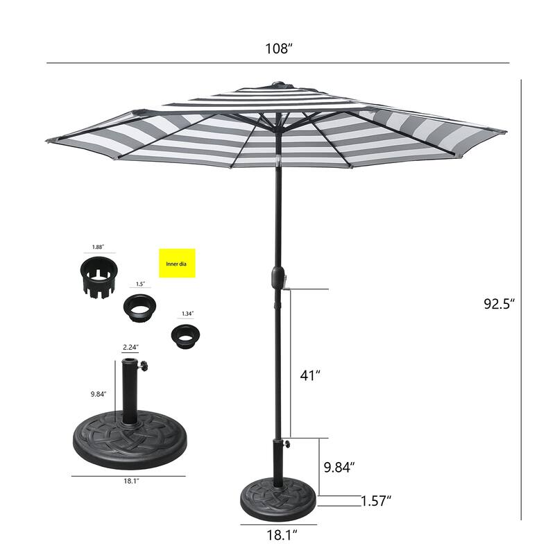 9 Feet Black/White Strip Tilt Market Umbrella with Stand/Base Set