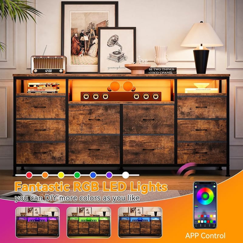 63.3 Inch Black Dresser for Bedroom, 10 Drawer Dresser TV Stand