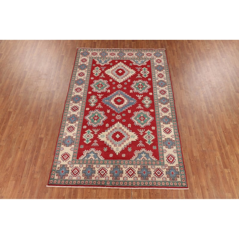 Geometric Red Kazak Oriental Area Rug Handmade Living Room Wool Carpet - 6'8" x 9'11"