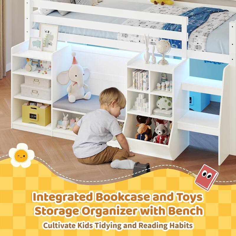 Twin Loft Bed with LED Lights and Storage Bookcase Reading Nook Secret Play Space