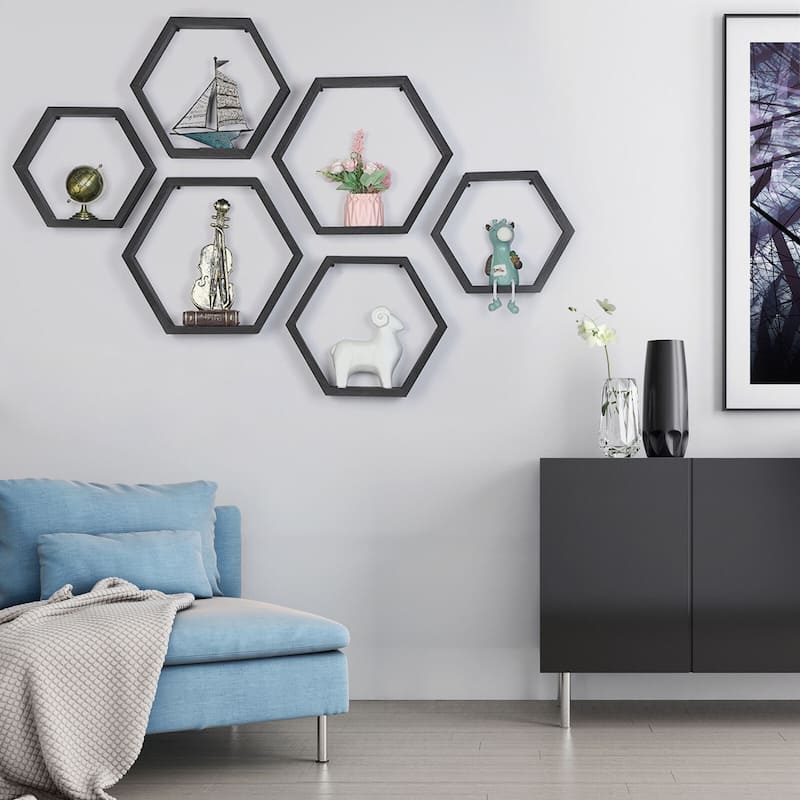 Set of 6 Wooden Hexagon Rustic Floating Shelves in Deep Natural Wood