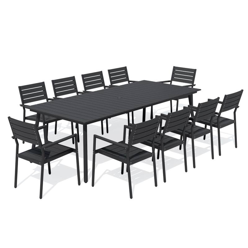 11-Piece Outdoor Dining Set Rectangle Aluminum Dining Table with Stackable Chairs