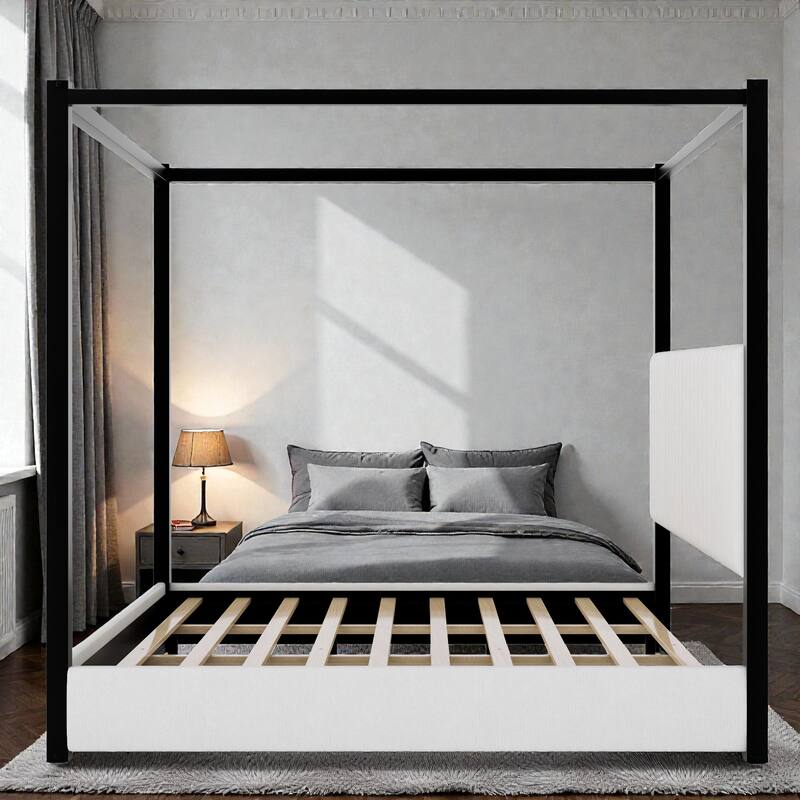 Upholstered Canopy Platform Bed with Headboard, Metal Frame Queen King Bed, No Box Spring Needed