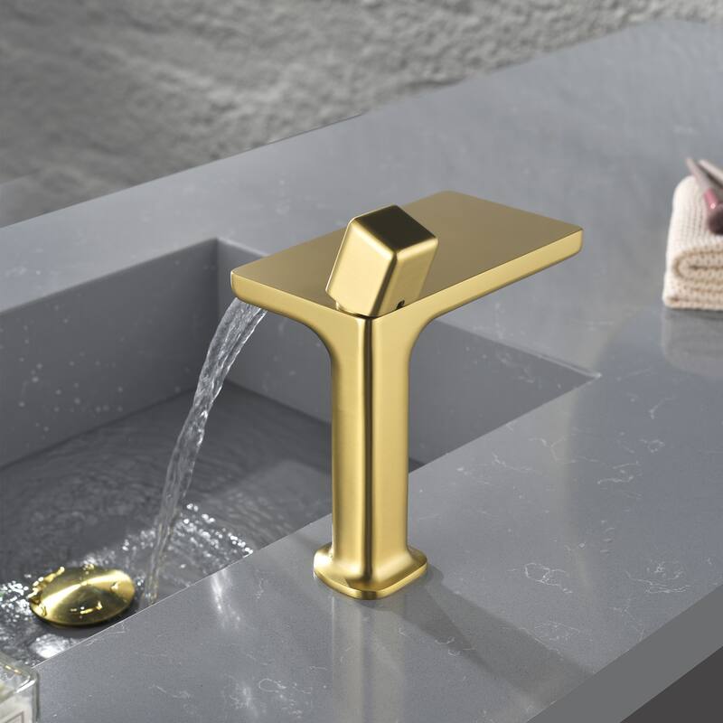 7.75"H Brass Waterfall Bathroom Sink Faucet, Vanity Single Handle One Hole Basin Modern Lavatory Faucet