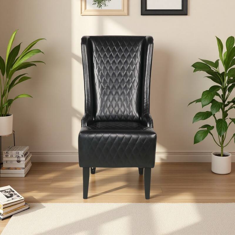 Faux Leather Wingback Chair with Wooden Legs and High Back Support - Black