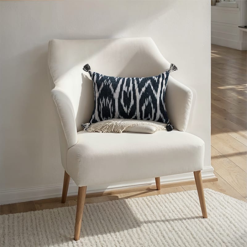 Cotton Velvet Ikat Printed Lumbar Pillow with Tassels and Chambray Back