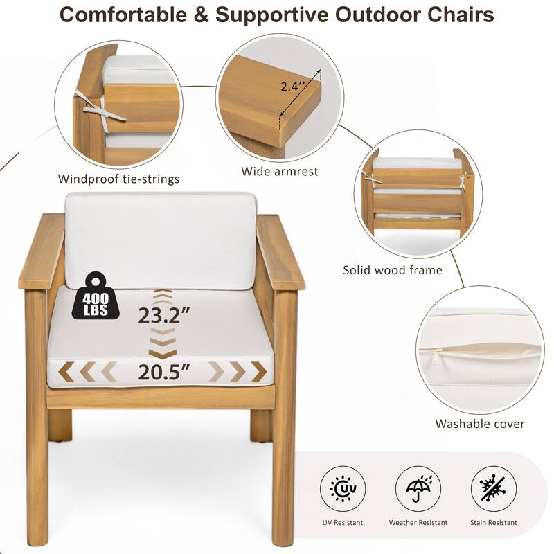7-Piece Outdoor Patio Dining Set Wood Rectangular Dining Table and 6 Arm Chairs with Parasol Hole and Removable Cushions