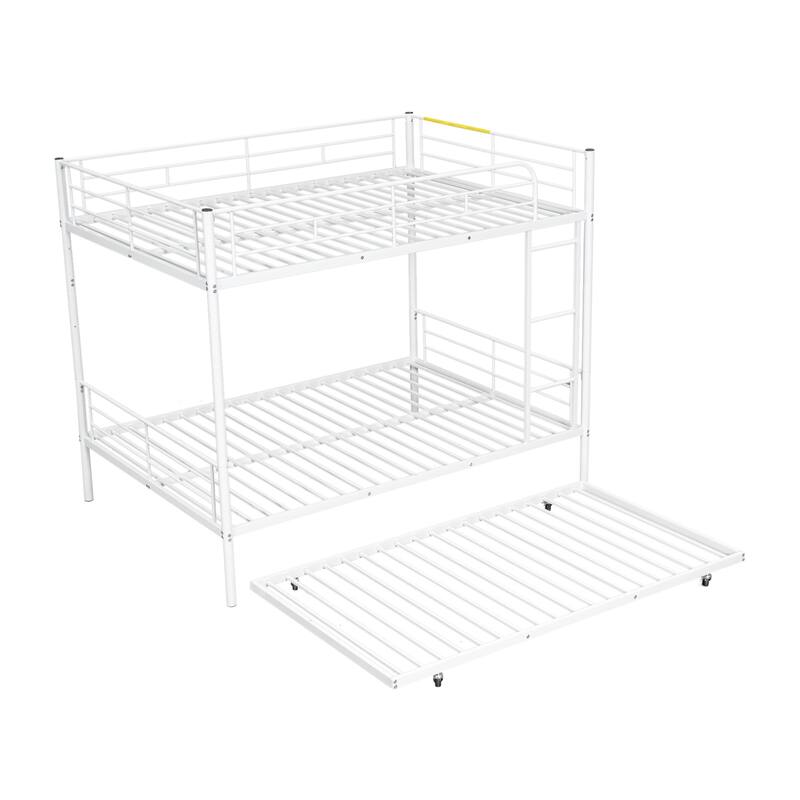 Metal Bunk Bed with Trundle and Guardrail, Convertible to Two Beds