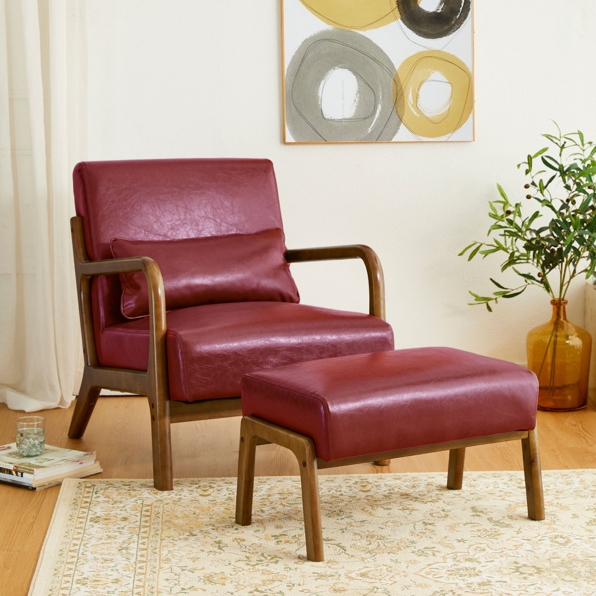 Glitzhome 30.75"H Mid-Century PU Leather Armchair with Ottoman Set