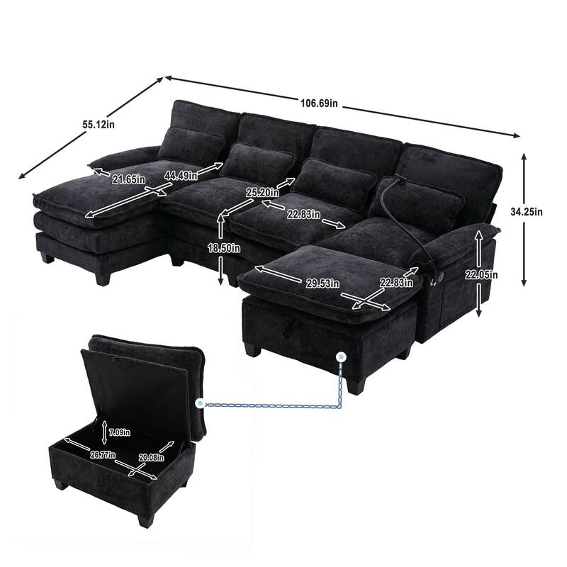 HOMEFUN Chenille Upholstered Oversized U-shaped Comfy Modular Sectional Sofa with Storage Ottoman