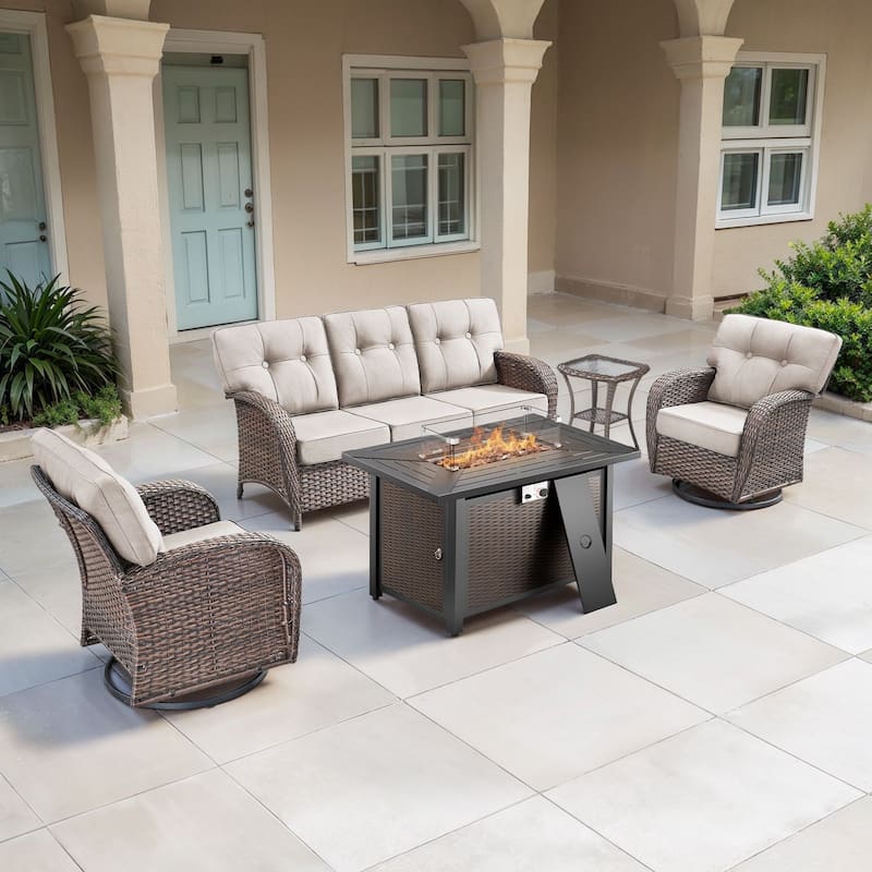 TWrap Wicker Patio Iron Fire Pit Conversation Set with 3-Seat Sofa & Swivel Gliders