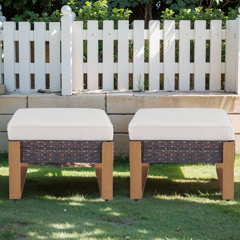 Gymojoy Outdoor Wicker Patio Ottomans Set Rattan Footrests - 2-Piece - Brown Wicker / Beige Cushion