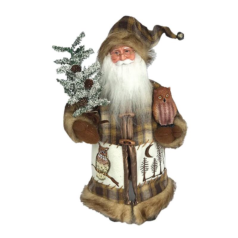 16" Standing Brown Plaid Santa Christmas Figure with Owl Flocked Tree