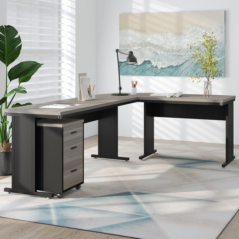 83" L-Shaped Executive Desk, Large L Office Desk with 3-Drawer Mobile File Cabinet, Business Furniture Desk Workstation
