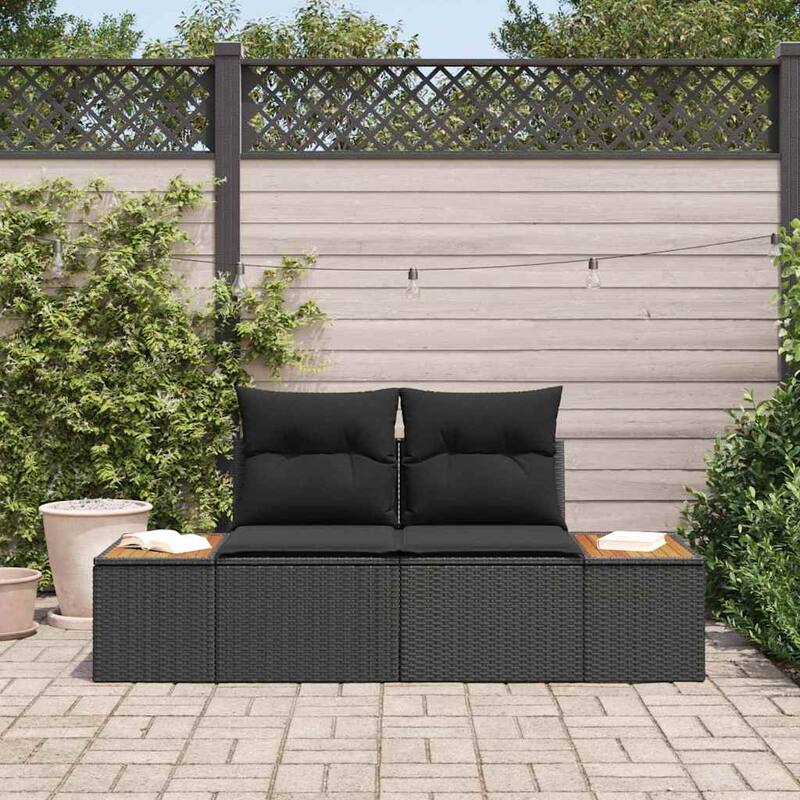 vidaXL 2-Seater Garden Sofa with Cushions Black Poly Rattan - 24.4 x 72.4 x 27.2