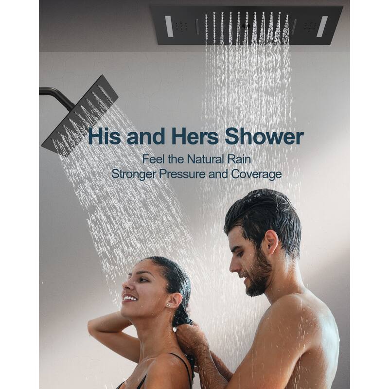 GRANDJOY Dual Shower Heads System with 3 Spray Modes 22"*15" Ceiling and 6" Wall Mount Body Jets Handheld Spray LED Music