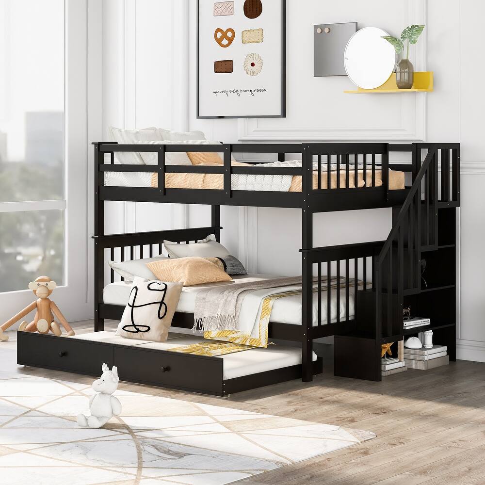 Stairway Bunk Bed with Twin size Trundle, Storage and Guard Rail