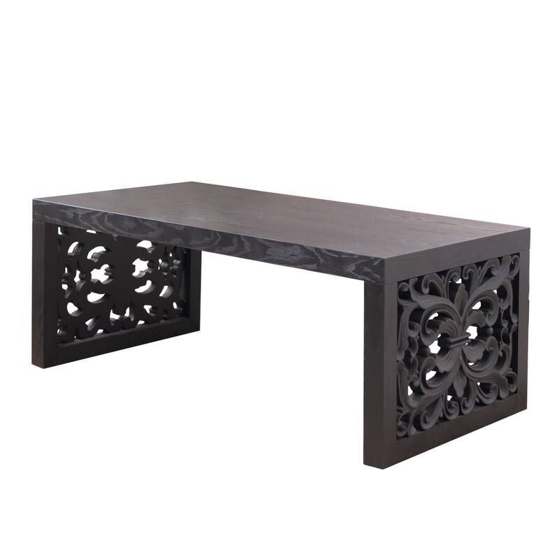 47.2" Carved Wood Coffee Table - Handcrafted Look with Ornate Side Panels