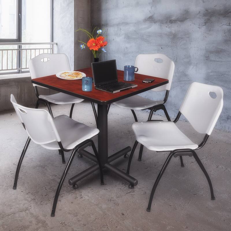 30" Square Breakroom Table- Cherry & 4 'M' Stack Chairs- Grey - Grey, Cherry - 30