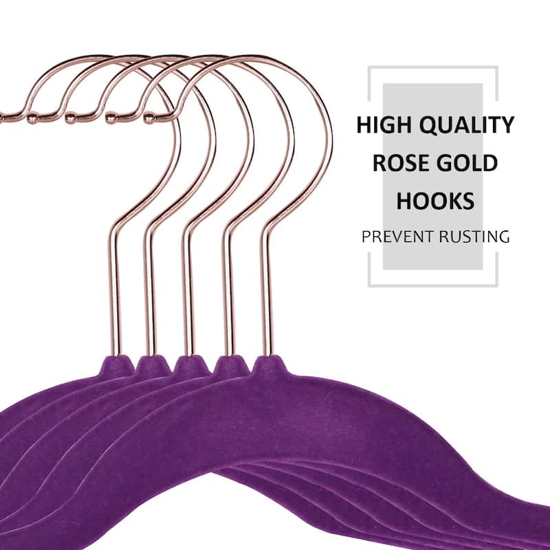 Javlergo 50/100 Pack Velvet Hangers, Heavy Duty Non Slip & Space-Saving Cloth Hangers with 6 Finger Clips & Tie Rack - 50 Packs - Purple
