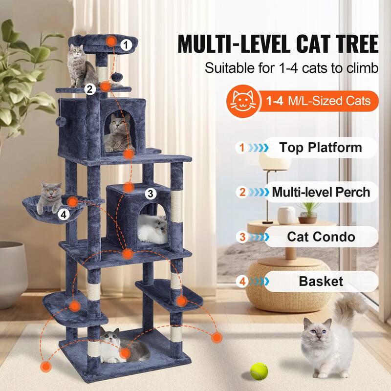 Dark Grey Plush 8-Layer Cat Tree with Condos, Hammock & Toys