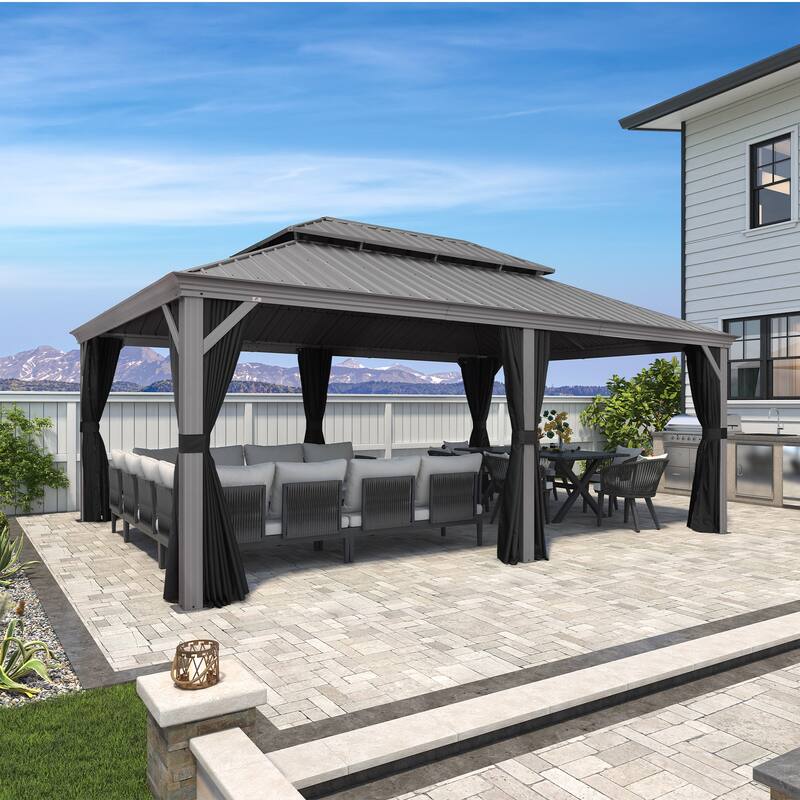 PURPLE LEAF Patio Gazebo for Backyard Hardtop Galvanized Steel Frame with Upgrade Curtain - Light Grey