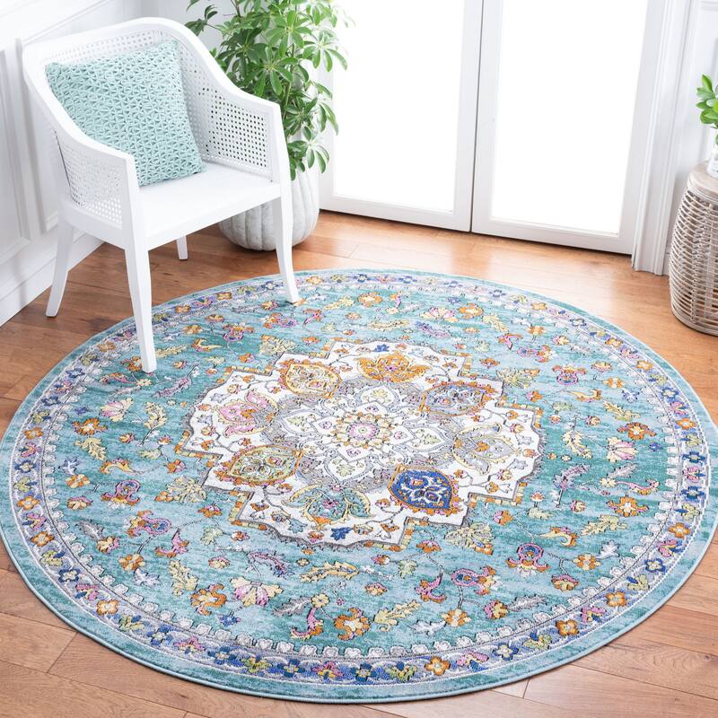SAFAVIEH Aria Zeena Boho Oriental Medallion Rug - 6'5" Round - Turquoise/Ivory