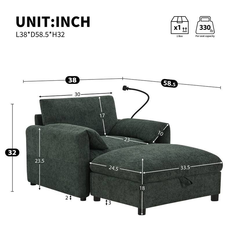 38" Single Sofa with Storage Ottoman, Adjustable Phone Holder, USB Charger, Side Storage Pockets, Pillow