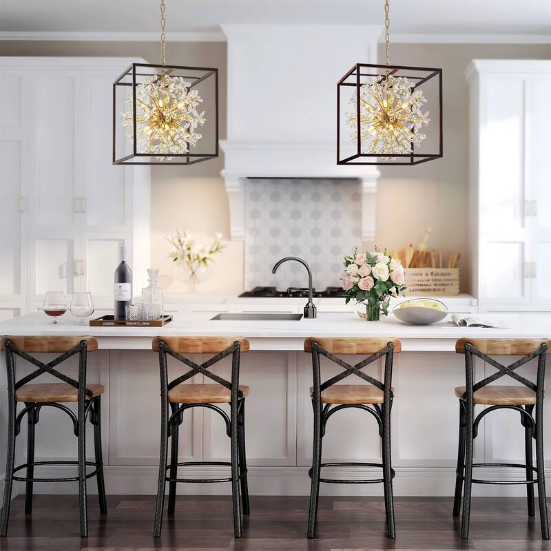 10-Light Modern Black Square Caged Chandelier Sputnik Gold Crystal Chandelier for Living/Dining Room - 16.1 in. W x 17.1 in. H