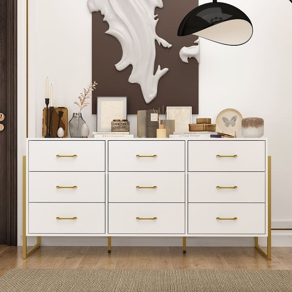 Timechee 61.4"W Modern Black Dresser with 9 Spacious Drawers - Gold Handles White Timechee 61.4"W Modern Black Dresser with 9 Spacious Drawers - Gold Handles White