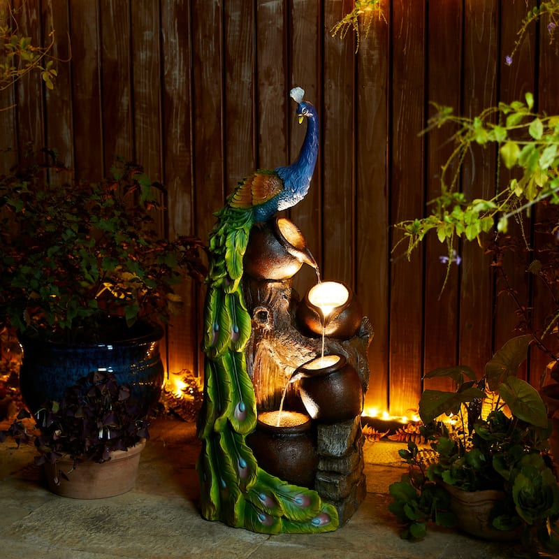 Glitzhome 40"H Oversized 4-Tier Peacock Jars Polyresin LED Lighted Outdoor Floor Fountain
