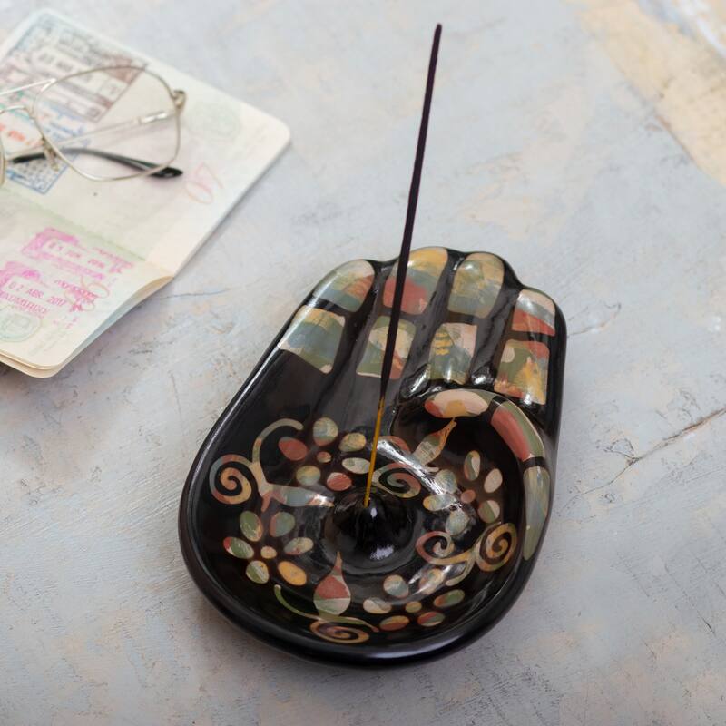 Novica Handmade Colorful Hamsa Ceramic Incense Holder